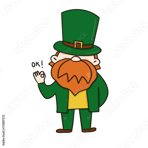 Leprechaun celebrating St Patrick's Day with Irish charm, wearing a green hat, surrounded by clovers, gold, and a festive at mosphere in a charming cartoon illustration with okay hand 