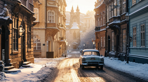 Vintage car in the street of Prague in winter. Czech Republic in Europe. © Joyce