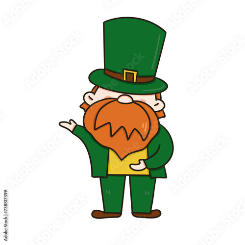 Leprechaun celebrating St Patrick's Day with Irish charm, wearing a green hat, surrounded by clovers, gold, and a festive at mosphere in a charming cartoon illustration invitation perform photo