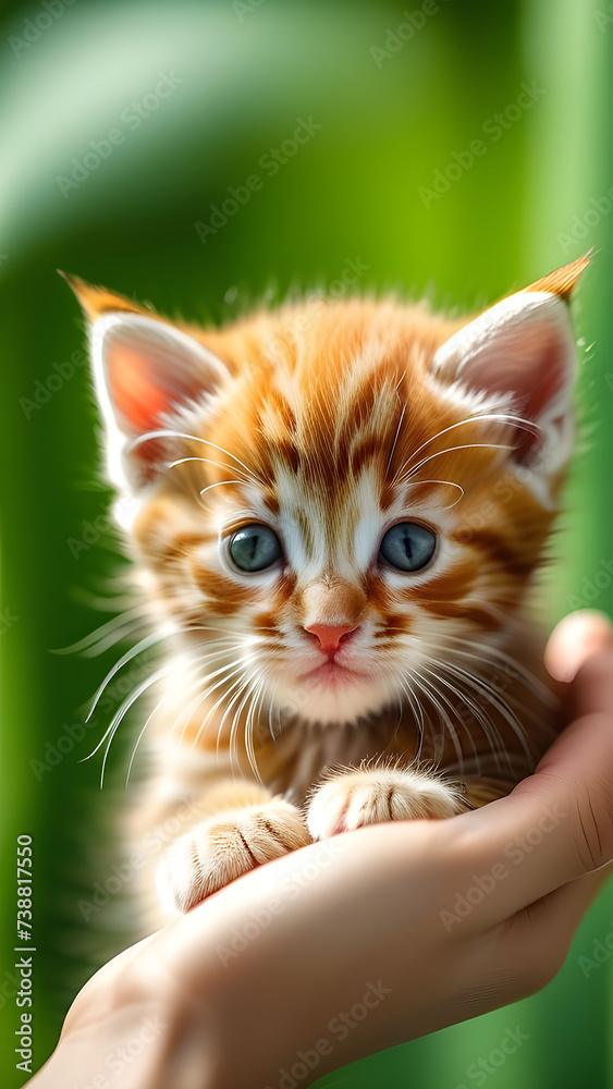 Red kitten in the palm of your hand on a green background.