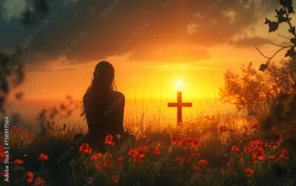 a woman sitting in a field with a cross in the background