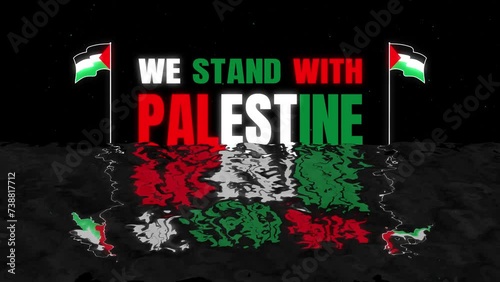 We Stand With Palestine Flag Text Intro and Outro motion graphic template with ocean wave and black stars burst particle background. 4k We Stand With Palestine 2d animation.