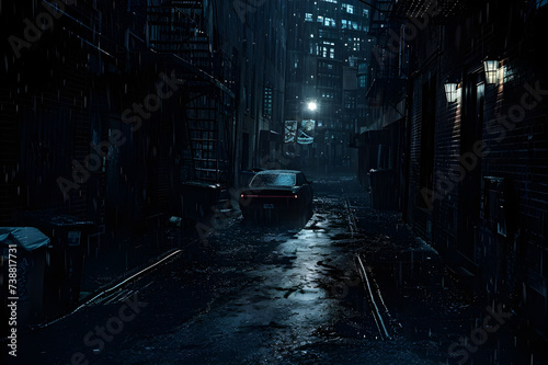 Car in dark rainy night street background - Ai Generated