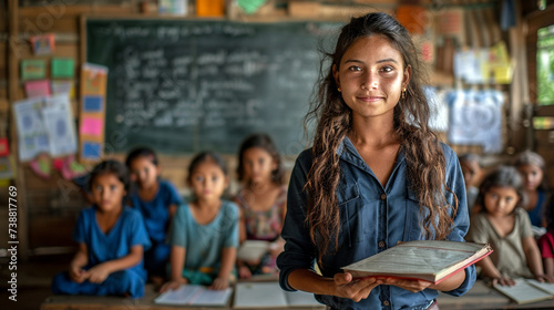 Indian woman volunteer is teaching in remote schools. A young female teacher is carrying a book and standing in classroom, with several pupils is sitting. Generative AI photo