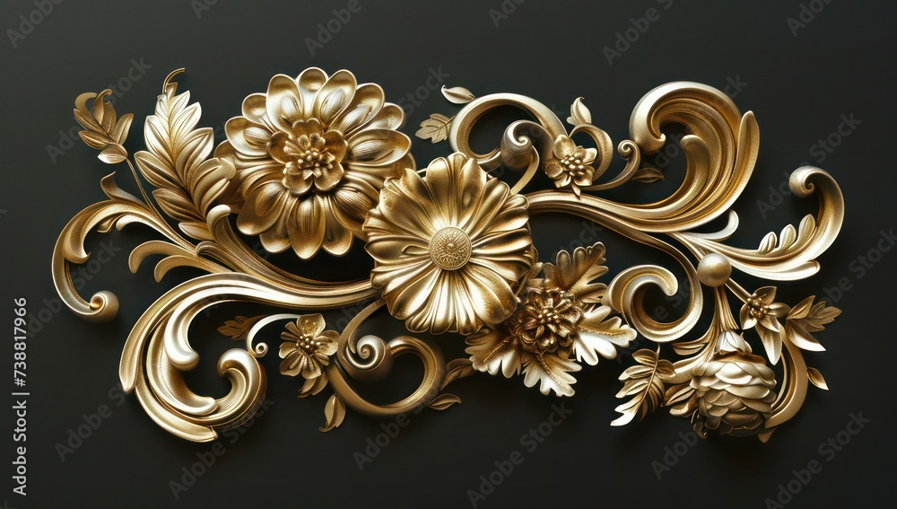 3d gold decorative seamless pattern on black, in the style of rococo ornamentation, naturalistic forms, decorative borders, asymmetrical compositions, flower and nature motifs, matte background 3d gold decorative seamless pattern on black, in the style of rococo ornamentation, naturalistic forms, decorative borders, asymmetrical compositions, flower and nature motifs, matte background