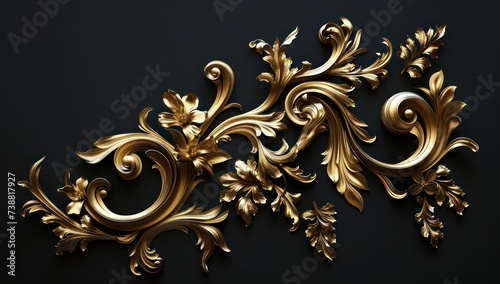 3d gold decorative seamless pattern on black, in the style of rococo ornamentation, naturalistic forms, decorative borders, asymmetrical compositions, flower and nature motifs, matte background