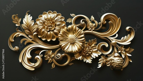 3d gold decorative seamless pattern on black, in the style of rococo ornamentation, naturalistic forms, decorative borders, asymmetrical compositions, flower and nature motifs, matte background