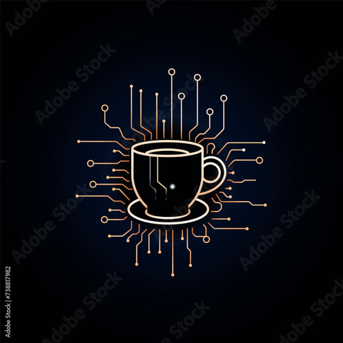 A cup of coffee stylized as a microcircuit on a dark background.