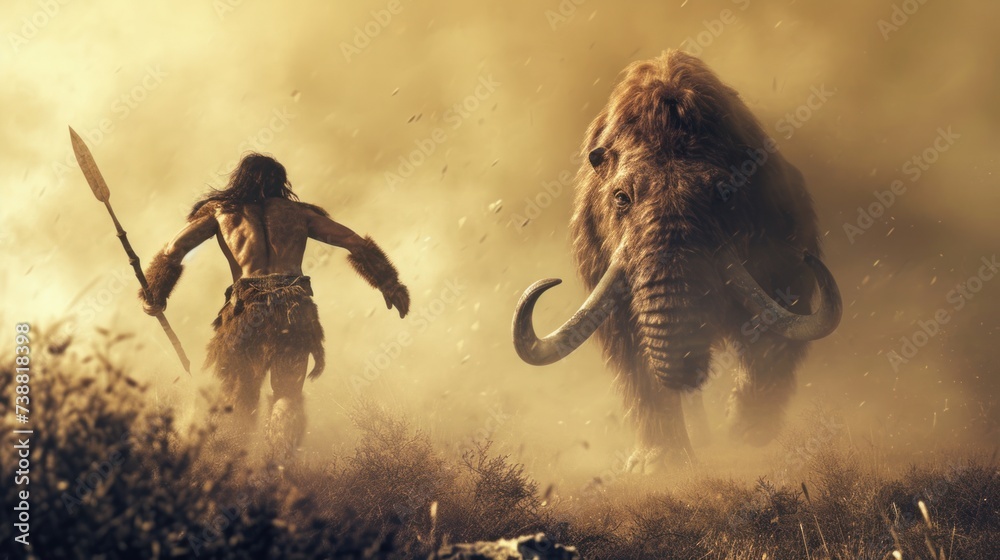 Hunting scene of primitive caveman attacking a giant mammoth in wild field.