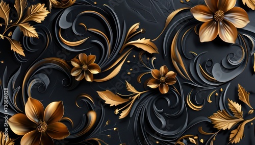 a black and golden background with abstract floral designs  in the style of paper sculptures