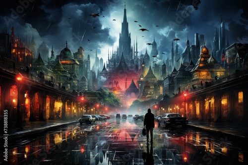 A man stands on a wet street in front of a city under the midnight sky