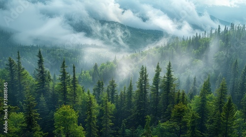 Misty landscape of fir forest in Canada