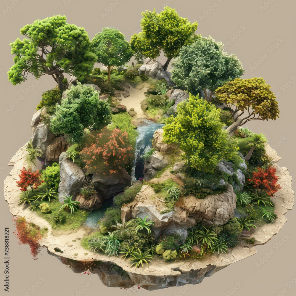 a circular island with trees and bushes, in the style of digital art wonders, imaginative characters