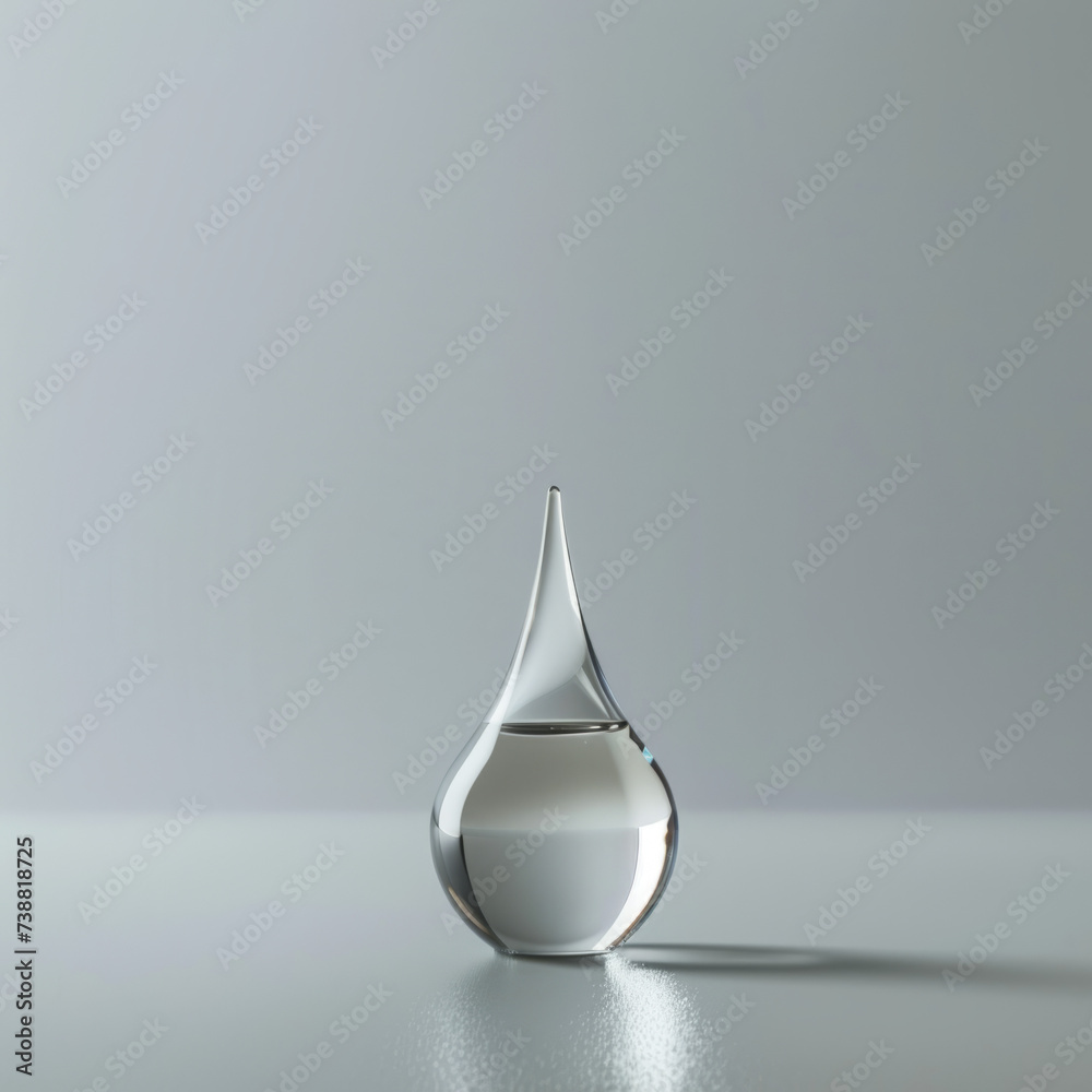 Fototapeta premium Elegant glass droplet sculpture reflecting a serene gray background. Studio photography for design and print. Minimalism and tranquility concept