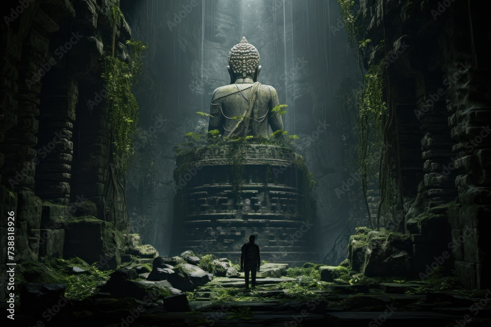 A man is exploring secret lost civilization deep in tropical forest jungle. A man is exploring secret lost civilization deep in tropical forest jungle.