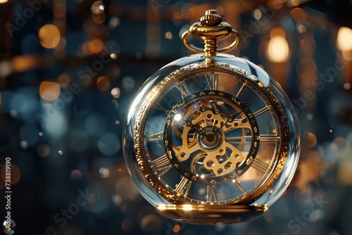 a gold pocket watch inside a glass bubble, in the style of sublime light effects