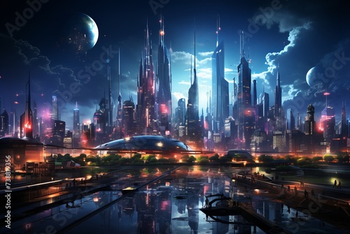 a futuristic city at night with a lot of buildings and a river in the foreground