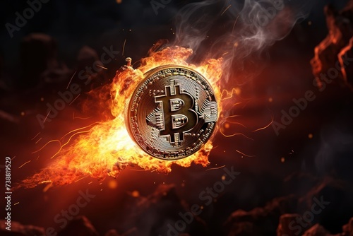 Bitcoin is on fire as the future digital payment currency. Photorealistic.