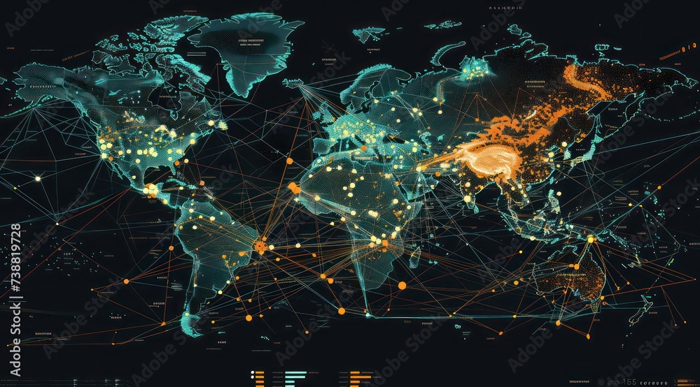map showing the lines of network connections in the world, in the style of dark black and orange map showing the lines of network connections in the world, in the style of dark black and orange