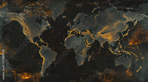 map with networked networks around the world on black, in the style of light teal and dark orange