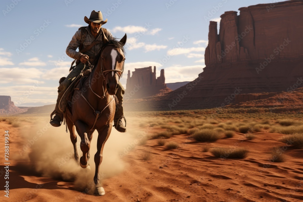Cowboy on horseback with landscape of American’s Wild West with desert sandstones.