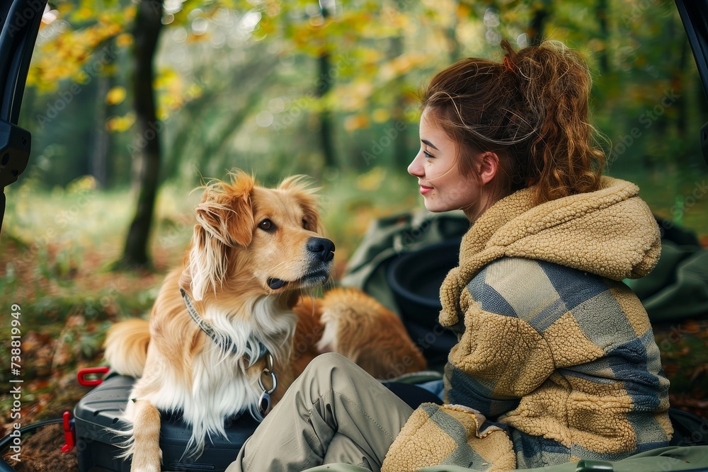A woman enjoys a peaceful autumn afternoon with her loyal brown dog, sitting under a tree in the park, surrounded by golden grass and the crisp outdoor air