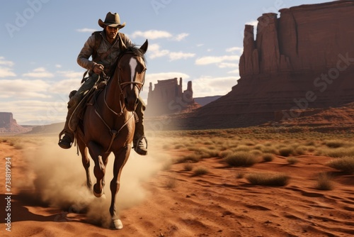 Cowboy on horseback with landscape of American   s Wild West with desert sandstones.