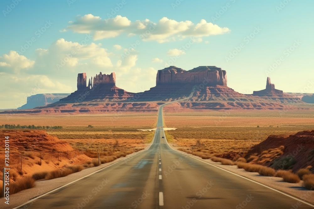 A highway leading to landscape of American’s Wild West with desert sandstones.