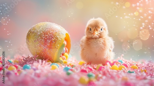 Easter Whimsy - Chick Emerging from Egg Amidst Rainbow of Jelly Beans, Pastel Hues © Fokasu Art