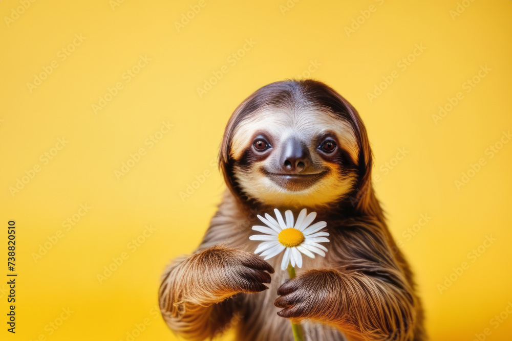 Fototapeta premium Cute sloth animal with chamomile congratulations with Thankgiving, Mother’s Day, Birthday Concept.