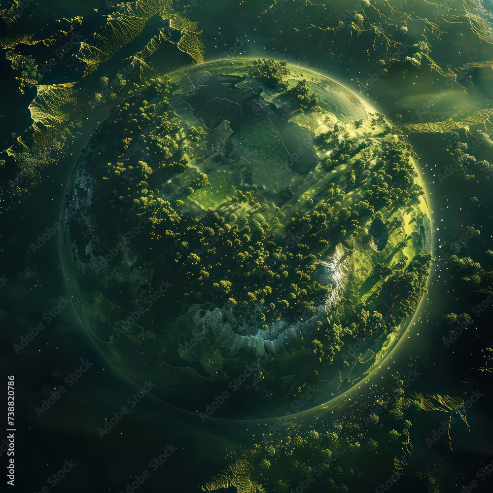 green planet with trees and hills