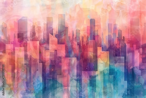  abstract watercolor cityscape with colorful buildings  in the style of data visualization  pixelated abstraction