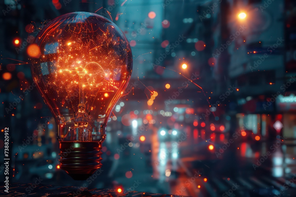 attractive light bulb with glowing sparks in it, in the style of futuristic urbanity, tilt shift, digital mixed media attractive light bulb with glowing sparks in it, in the style of futuristic urbanity, tilt shift, digital mixed media