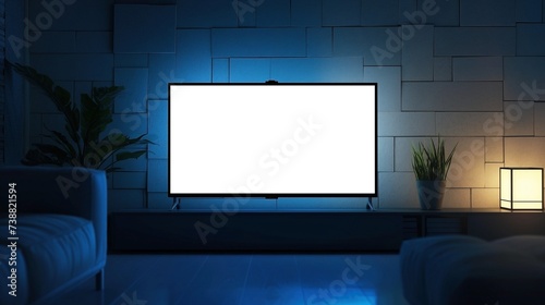 Mockup of flatscreen TV in room with blue backlighting, minimalist, AI-generative