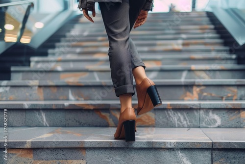 A stylish girl confidently ascends the stairs in her trendy ankle boots, showcasing her unique street fashion and defying the ground beneath her with each step