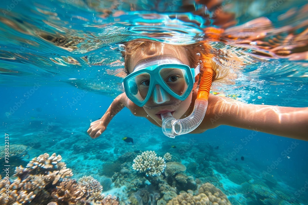 A serene aquanaut explores the vibrant reef, gliding through the crystal clear water with their snorkel mask and scuba equipment, in awe of the stunning underwater world