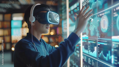 young man wear virtual reality touching digital screen for working, investing, trading, play game