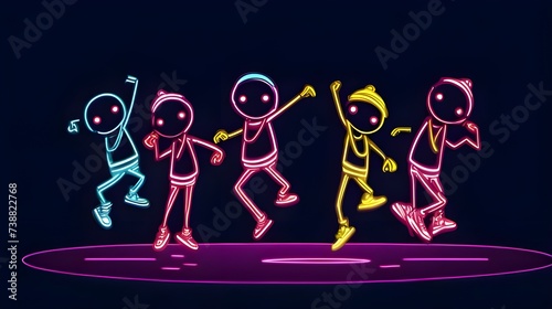 Stickmen characters doing a hip hop dance in neon background. People in stick figure dances in party. Dancing people icon, stickman illustration, stick figure dance. Sketch cartoon © Shadzi