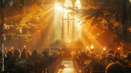 Easter Morning Serenity - Church Service Illuminated by Soft Light, Candles, Spring Attire
