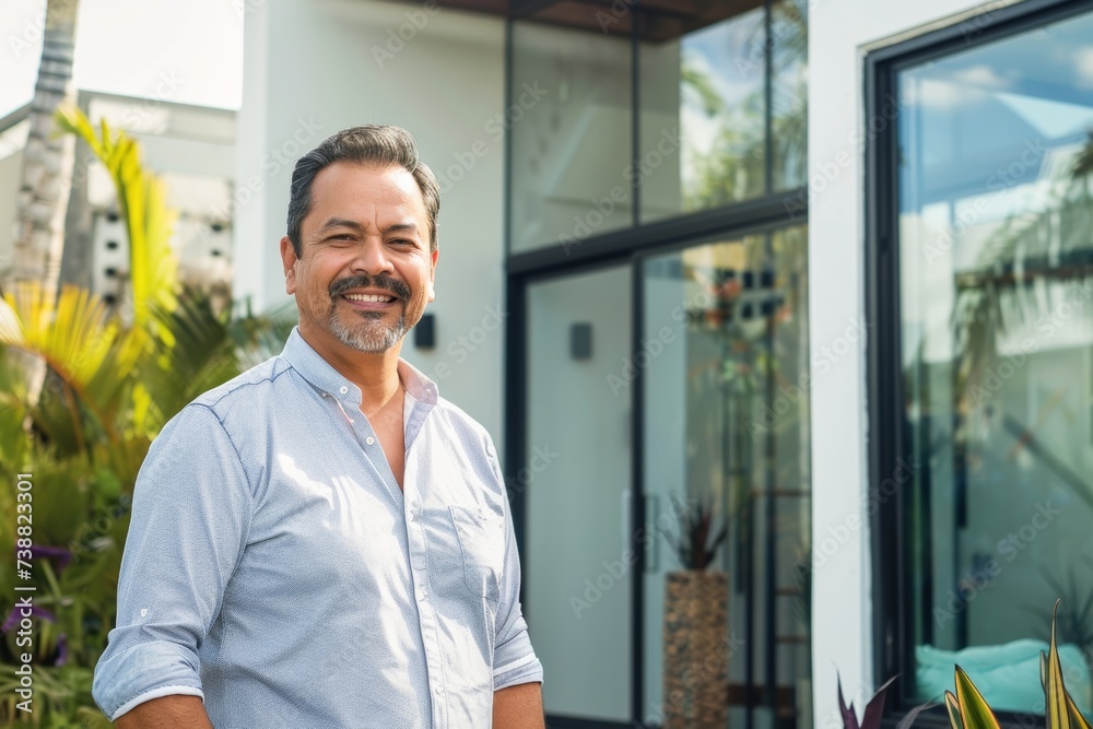 Mature Latin Man Standing in Front of New House. Generative AI Mature Latin Man Standing in Front of New House. Generative AI