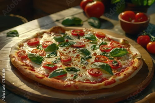 mozzarella and tomato pizza on wooden board with fresh tomatoes and basil under the light