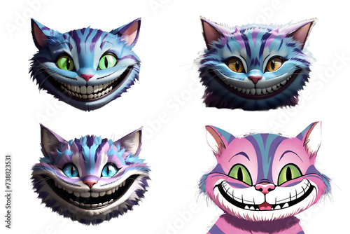 Head of a Cheshire cat with a smile. Concept - toys, fairy tales. Illustration of stickers on a transparent background. Design element