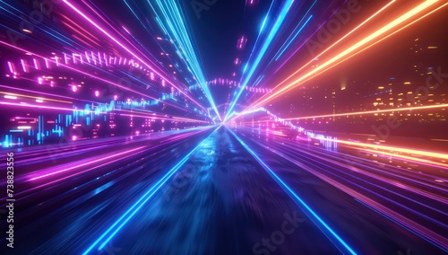 neon lights and light streams in a dark background, orange and blue, light magenta