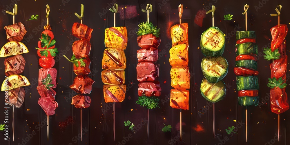 Fototapeta premium skewers with meat, vegetables and herbs