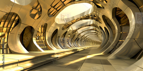 Modern corridor with a futuristic design  featuring golden tones and reflective surfaces
