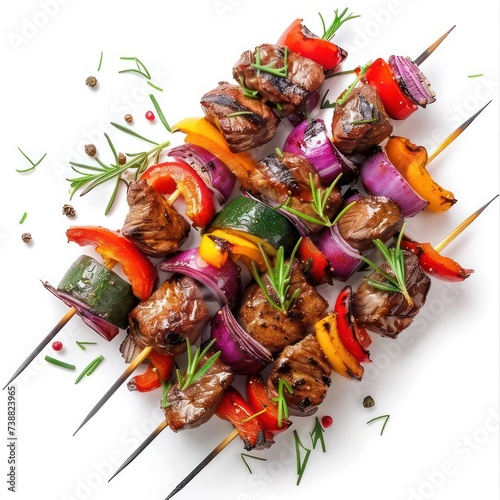 skewered meat and vegetables isolated on white background