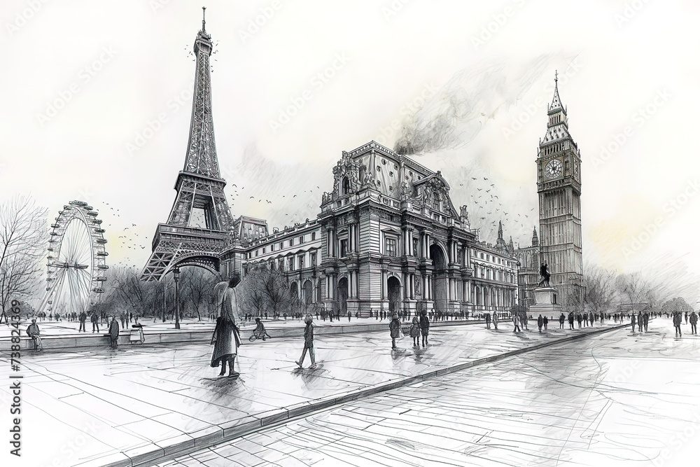 World landmarks travel illustration - Eiffel tower, Big Ben, Europe, France, UK