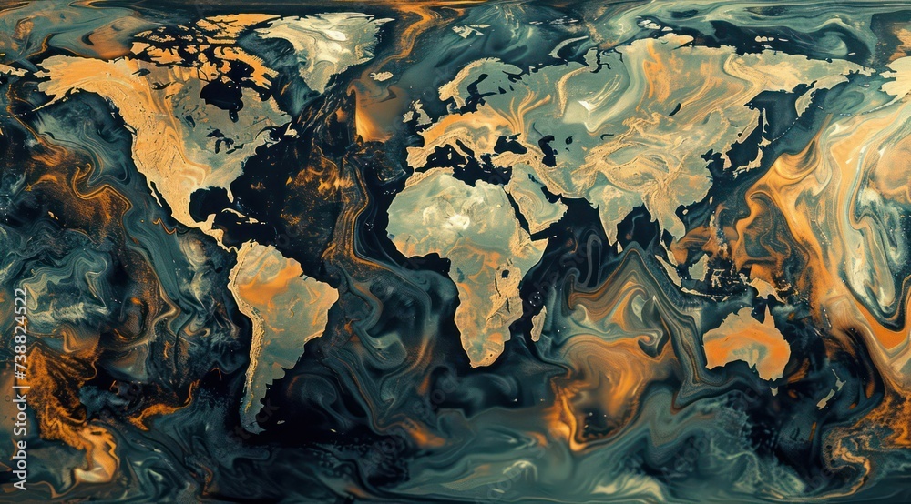 the world map intertwined networks, dark cyan and orange