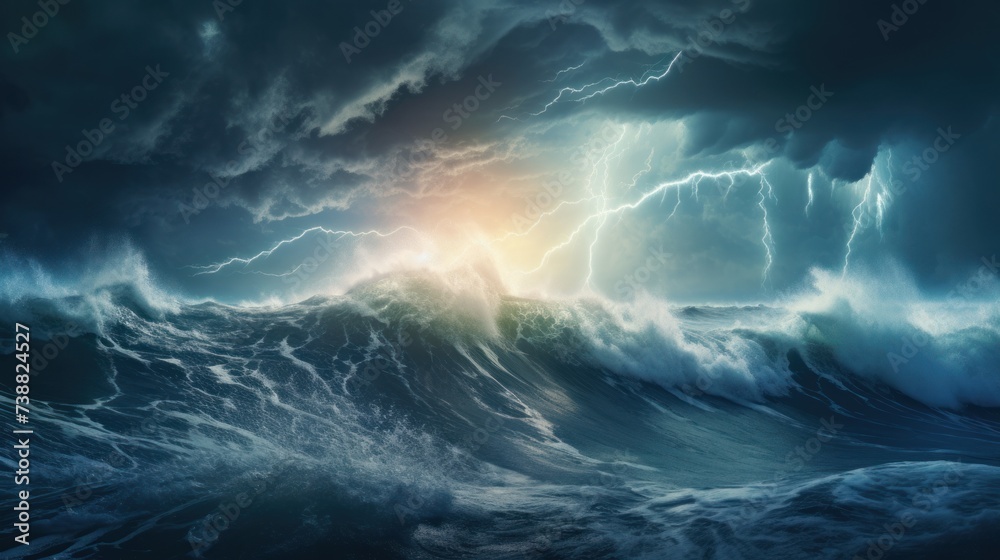 Bright lightning strike over sea tide in a thunderstorm at night. - obrazy, fototapety, plakaty 