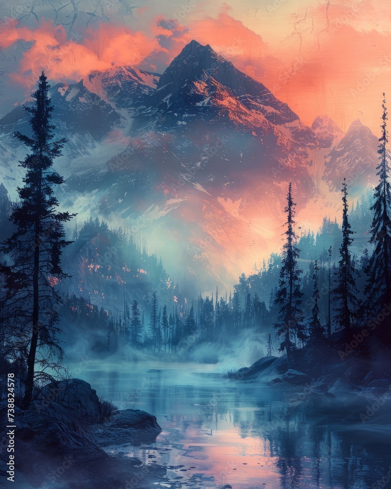 Misty landscape of fir forest in Canada - obrazy, fototapety, plakaty 